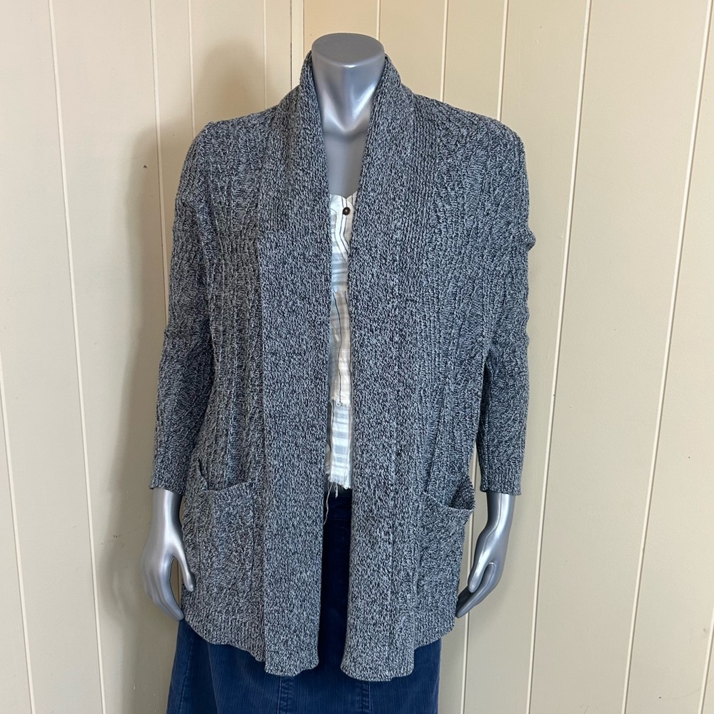 St Johns Bay Sweater Cardigan Open Front Size L Gray Cable Knit Pockets - Picture 1 of 14